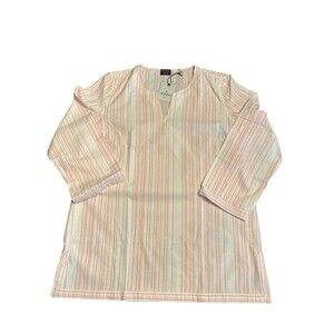 Untuckit Women's Durfort White Pink Pinstripe Tunic Popover 3/4 Sleeve Sz 12 NWT